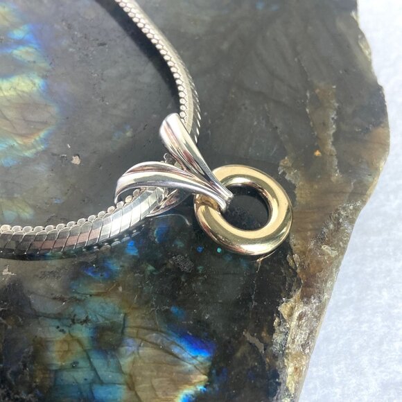 Sterling Silver 925 Vermeil Two Tone Round Slide Pendant Necklace Herringbone - Picture 5 of 16